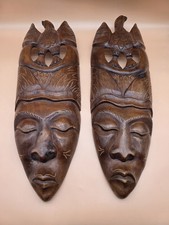 Hand Carved Wooden Masks Vintage Tribal Hanging Wall Art Decor 25” Long picture