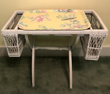 Bed Breakfast Lap Tray White Wicker w/2 Pockets + Floor Stand ~ Vtg. Shabby Chic picture