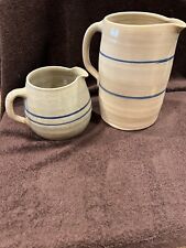 Vintage Double Blue Banded Crock Milk Pitcher Stoneware Set of 2 (diff. sizes)  picture