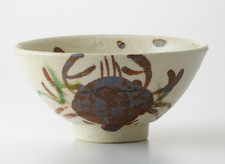 Japanese Handmade Chawan Rice Bowl Shino White Crab Motif Pottery Mino Ware picture