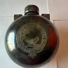 Vintage 1890s Round silver Flask w/ Hinged Handle, Embossed Crest & Monogram picture