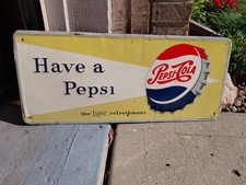 c.1950s Original Vintage Pepsi Sign Metal Embossed Bottle Cap Soda Have A Pepsi picture