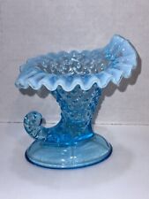 Vintage Fenton Glass Blue Opalescent Hobnail Cornucopia Vase Candle Holder 3.5