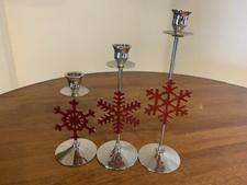 International Silver Red Enameled Snowflakes Christmas Candlesticks 3pc set NEW picture