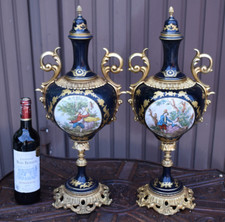PAIR large Limoges cobalt porcelain Vases urns romantic decor 1970s rare picture