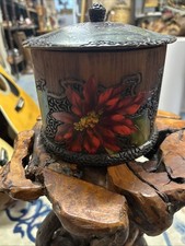 Antique Flemish A&C pyrography pot, c.1910. Hand painted poinsettia Hand Burned picture