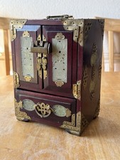 VTG Chinese Rosewood Jewelry Box Brass, Carved Jade Inlays, Red Silk Lined picture