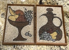 Vintage Gravel Pebble Wall Art MCM Fruit Still Life Kitchen Dining Set Of 2 picture