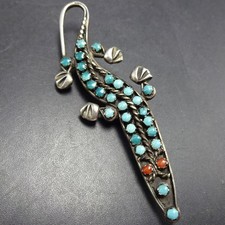 Signed Vintage HUSTITO Zuni CORAL TURQUOISE Petit Point LIZARD PIN/PENDANT picture