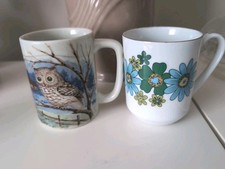 Vtg Japanese Mugs Lot of 2 Otigari Owl Creative Floral Coffee Tea Mug Asian picture