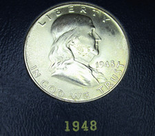 VERY NICE 1948 Ben Franklin Half Dollar 90% Silver, VF-BU Coin Some Toning, Cir. picture