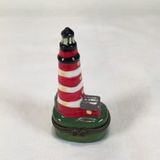 Vintage Mini Lighthouse Porcelain Trinket Keepsake Box Red & White Hinged picture