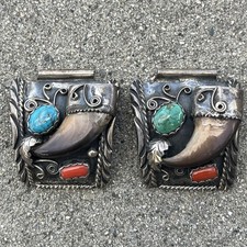 LARGE VINTAGE Navajo NATIVE AMERICAN STERLING SILVER/TURQUOISE/CORAL WATCH TIPS picture