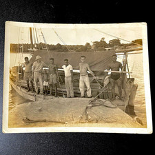 Vintage B&W Original Photograph Men Standing on Sailboat, Naval Censor Stamp picture