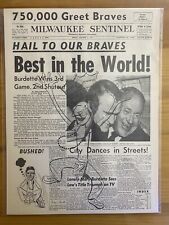 VINTAGE NEWSPAPER HEADLINE WORLD SERIES CHAMPIONS MILWAUKEE BRAVES BASEBALL 1957 picture