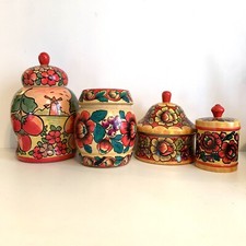 VTG Set Russian USSR Wooden Folk Art Vase Canisters Jars Painted Marked READ picture