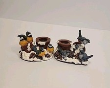 ​Vintage Winter Songbird Taper Candle Holders Resin Bluebirds Chickadees Snow picture