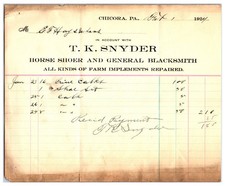 Original 1924 T.K. Snyder Horse Shoes Blacksmith Receipt Chicora, Pennsylvania picture