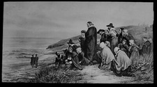 THE DEPARTURE OF THE MAYFLOWER C1890 ANTIQUE Magic Lantern Slide USA picture