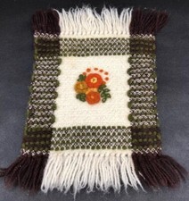 Vintage Polish Folk Art Woven Wool Table Mat Floral Embroidery Fringe Poland 14” picture