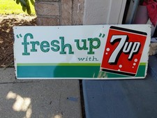 c.1962 Original Vintage Fresh Up With 7up Sign Metal Embossed Coke Pepsi Soda picture