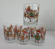 4 Vintage Christmas Dancing Moose Reindeer Santa Hat Fishnet Drink Bar Glass picture