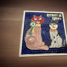 Vintage Creazioni Luciano Italy Ceramic Tile Attenti Ai Gatti Beware Of Cats MCM picture