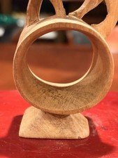 Vintage Hand Carved Wood Lion Stand Ring Base Kenya Safari Folk Art 1980s picture