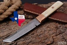 HAND FORGED DAMASCUS STEEL TANTO POINT HUNTING KNIFE & BONE HANDLE+SHEATH AH2005 picture