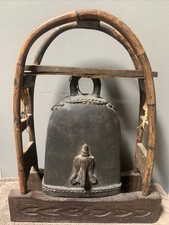 Antique Vintage Bronze Elephant Bell KAREN HILL TRIBE Wicker Rattan stand picture