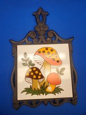 Vintage 1970's Merry Mushroom Sears Ceramic Cast Iron Trivet  picture