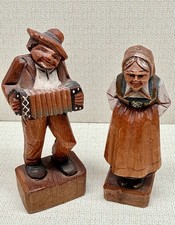 Vintage Hand Carved Wooden Folk Art Couple Accordion Player Figurines 3.5” picture