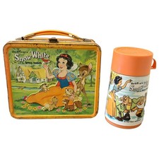 Vintage Walt Disney Snow White Seven Dwarfs Metal Lunchbox Thermos Rust picture