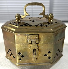 Vintage Brass Cricket Box Potpourri Incense Pierced Reticulated Design w/ Handle picture