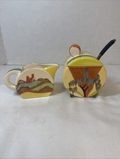 Vintage Clarice Cliff Style Bizarre 1993 MMA Sugar Creamer Set Art Deco Retro picture