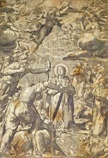 THE MARTYRDOM OF SAINT ÚRSULA. SAVINO FANTAGUZZI. ENGRAVING ON PAPER. ITALY.1672 picture