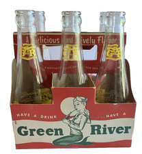Vtg Green River Soda Six Pack Cardboard Carrier and Bottles 1950s Mermaid 8oz picture