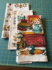 1950s vintage lot 3 UNUSED NEW linen cotton kitchen tea towels flower Penn Dutch picture