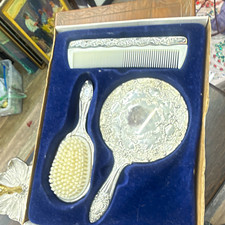 Vintage Silver-Tone Vanity Set Hand Mirror Brush Comb in Blue Velvet Case picture