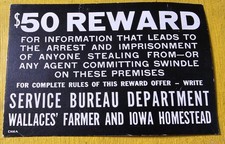 Vintage Wallaces’ Farmer Iowa Homestead $50 Reward Sign Antique Farm Advertising picture
