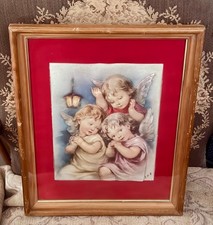Vintage 3D Cherub Angel Wall Relief MCM Wood Double Framed Matted Signed D.V.R. picture