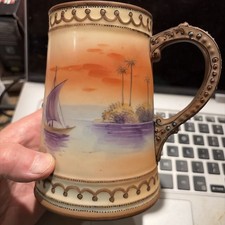 Nippon Moriage Stein Antique Hand Painted Tankard Mug Sailboat & Palm Trees RARE picture