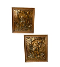 Vintage Set of 2 Embossed Copper Wall Framed Cartoon Sombrero Mexican Art picture