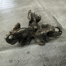 Bronze metal 1” Tall Statue Trio Of Elephants With Trunks Up picture