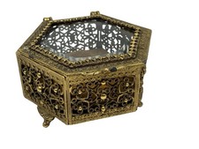 Vintage Filigree Ormolu Beveled Glass Jewelry Casket Trinket Box 6 Sided picture