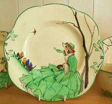 ART DECO WOODS IVORY WARE RARE GREEN CRINOLINE LADY SANDWICH / SCONES  PLATE picture