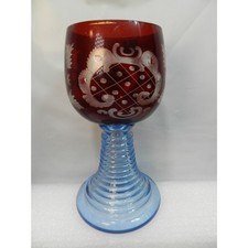 Bohemian Egermann Cut-to-Clear Ruby Red & Blue Glass Trumpet Foot Goblet U10J picture