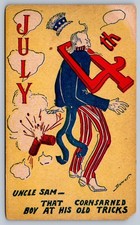 C1910 RARE JULY 4TH PC UNCLE SAM W/FIRECRACKERS & #4 CRASHED ON HIS HEAD picture
