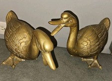 Vintage Solid Brass Honking Geese Ducks Pair Figures Standing MCM picture
