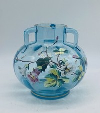 Signed ca. 1880’s Bohemian HARRACH Blue Handled Vase With Floral Enamel picture
